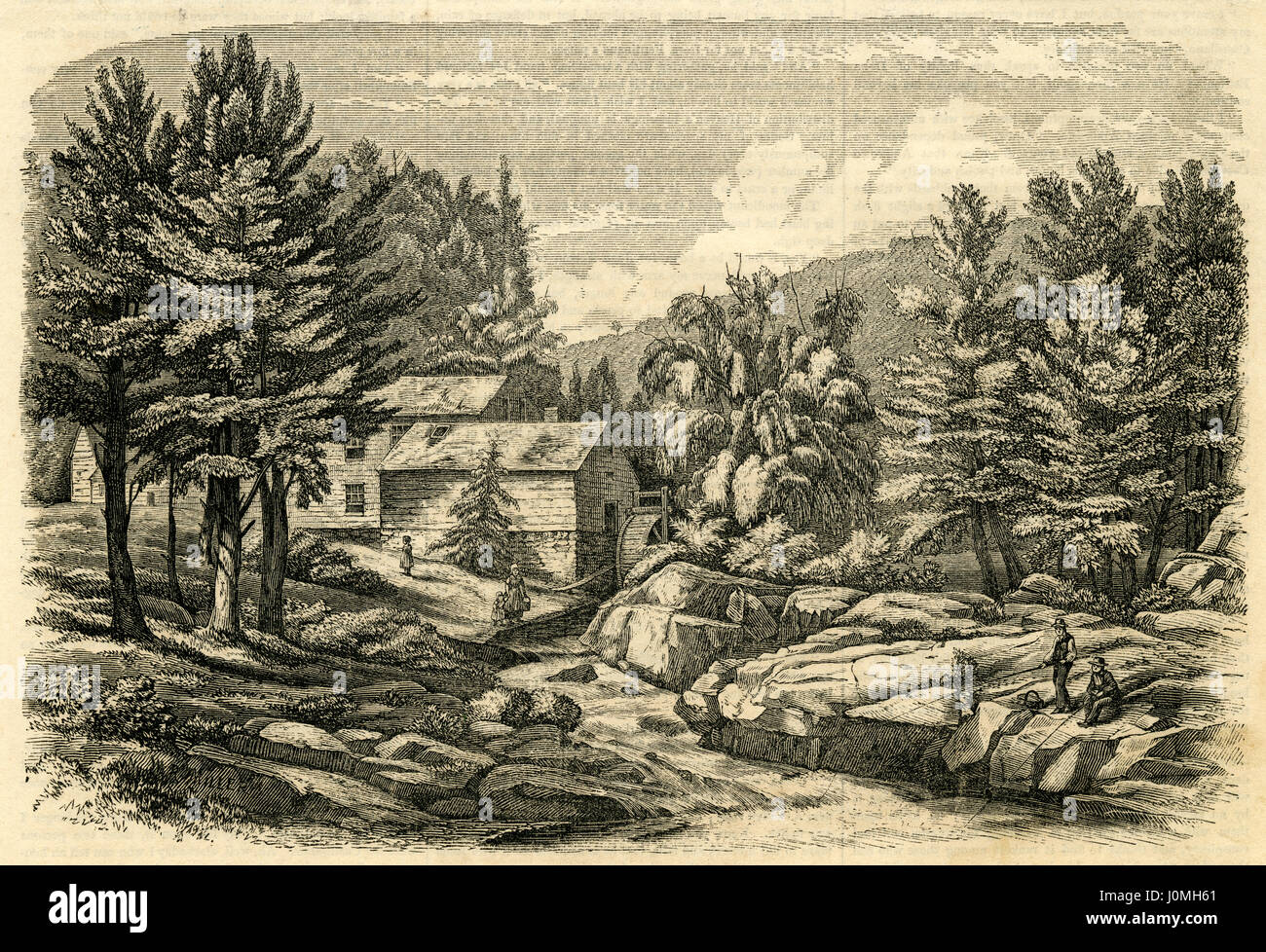 Antique 1854 engraving, 'Mill in the Valley of the Mohawk River, New York.' The Mohawk River is a 149-mile-long (240 km) river in the U.S. state of New York. It is the largest tributary of the Hudson River. The river is named for the Mohawk Nation of the Iroquois Confederacy. SOURCE: ORIGINAL ENGRAVING. Stock Photo