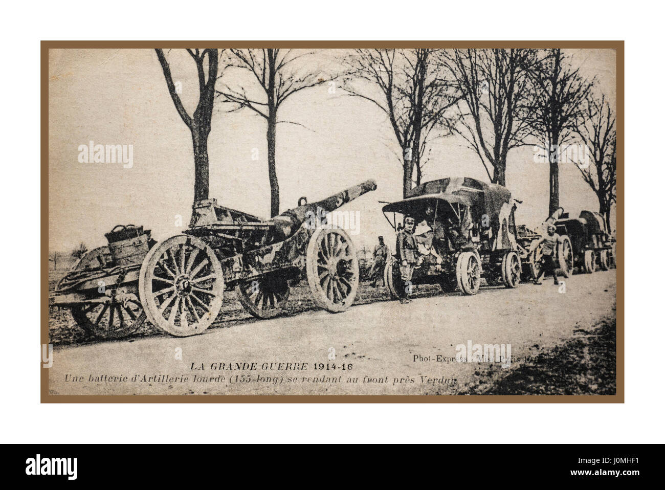 Verdun France supply line of guns and ammunition Poignant vintage historic WW1 1914 postcard, sent from the battle front in Verdun France, by a British soldier letting his girlfriend know that he is alright Stock Photo