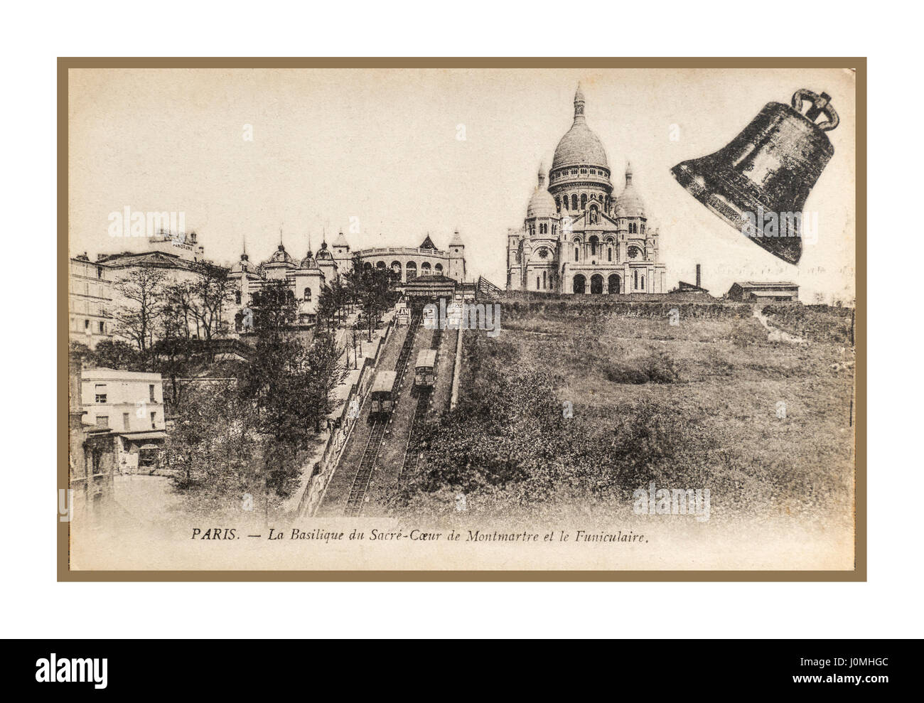 Paris Montmartre Vintage 1900's historic B&W sepia view of Basilica Sacre Coeur and Funicular carriages on rail track Montmartre Paris France Stock Photo