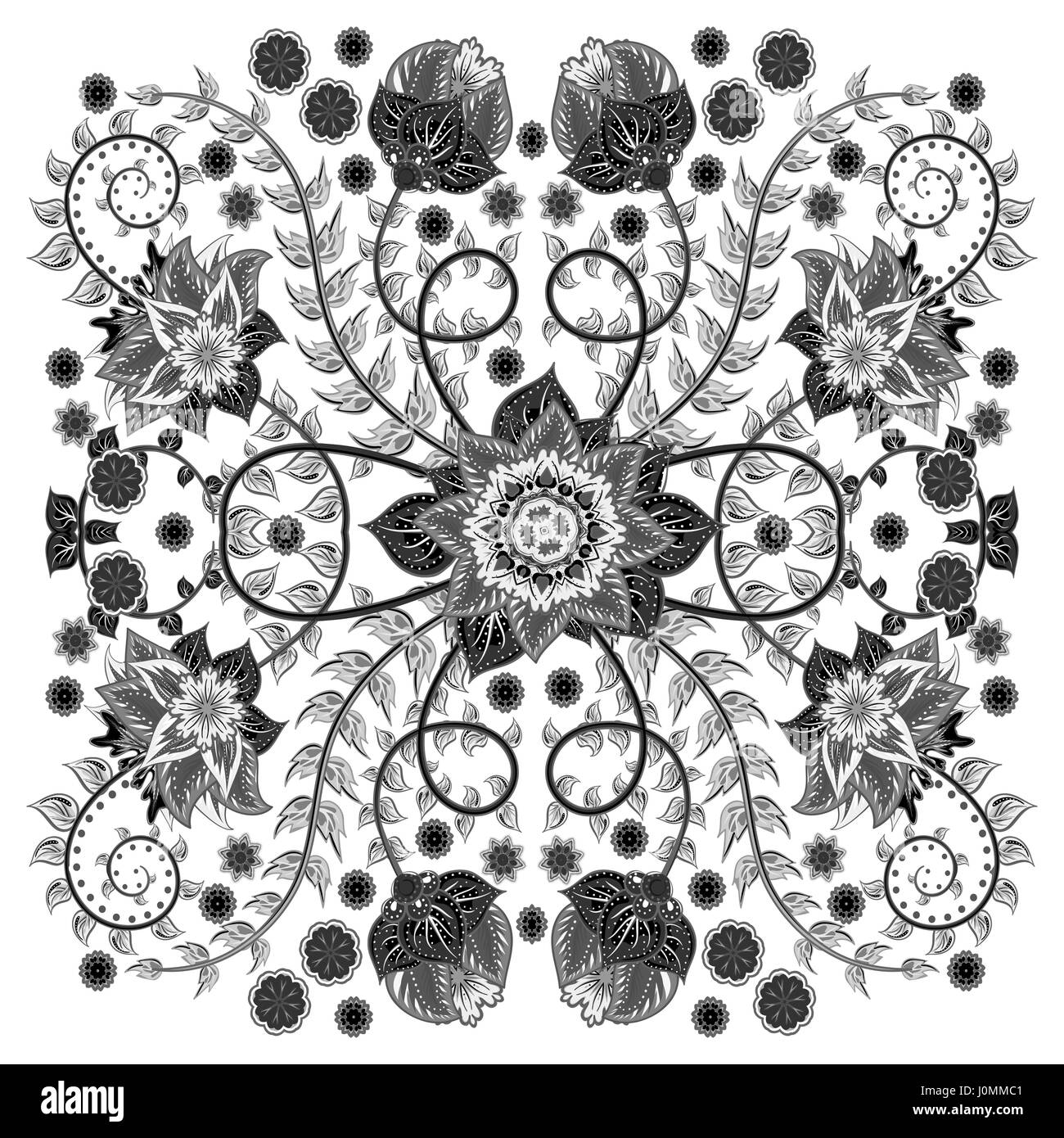 Colorful ornamental floral paisley shawl, bandanna, pillow, scarf. Square pattern. Black and white. Vector Stock Vector