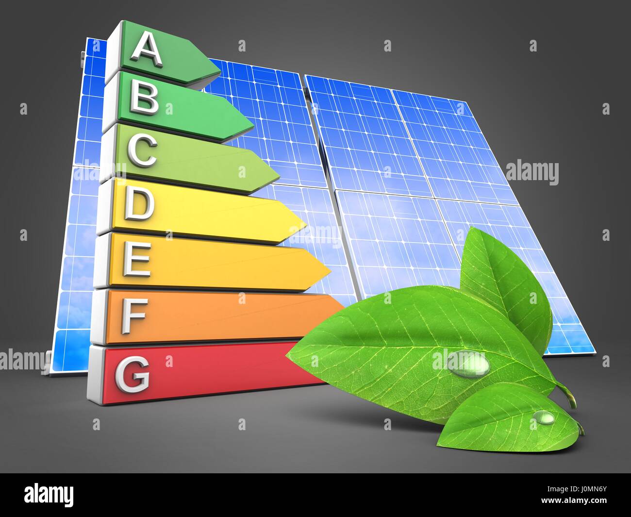 3d illustration of energy ranking over grey background with solar panel ...
