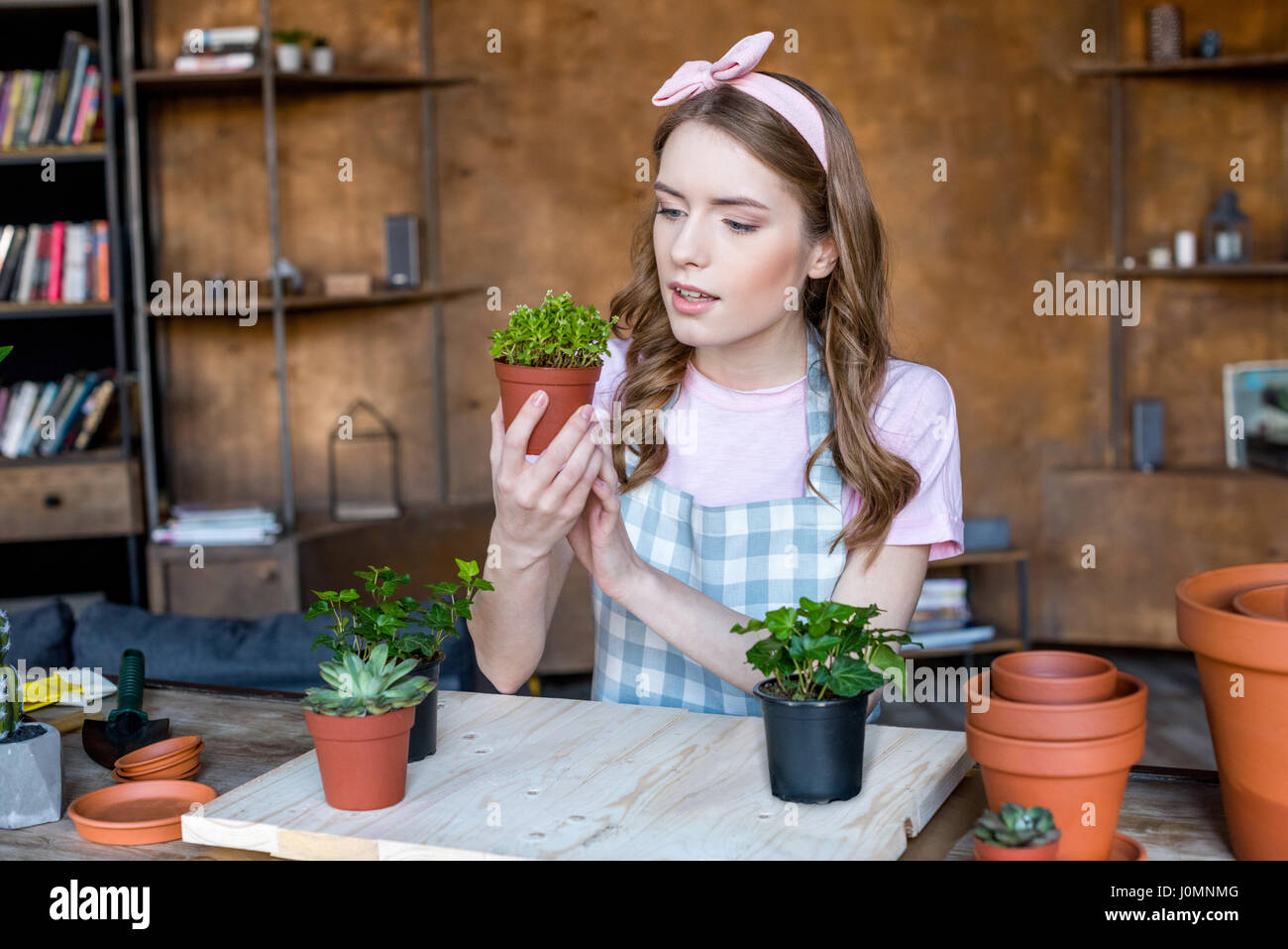 beautiful young woman holding green plant in flowerpot Stock Photo - Alamy