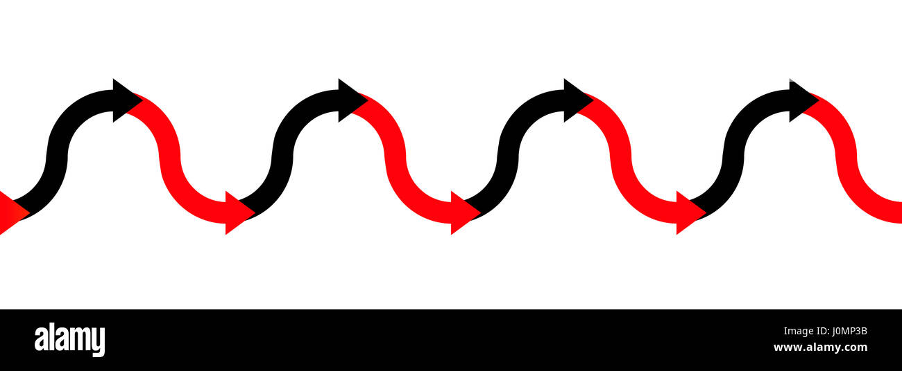 In the red - in the black - up and down arrow wave - business symbol for making profit or having positive income and having losses or being in debt. Stock Photo