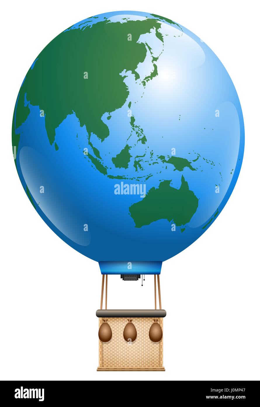 Hot air balloon - planet earth, asia and australia and pacific ocean - symbol for round the world cruise or other global flying tourism issues. Stock Photo