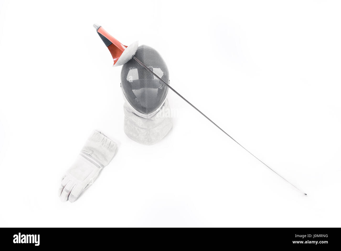 Professional fencing equipment, mask, glove and rapier isolated on white Stock Photo