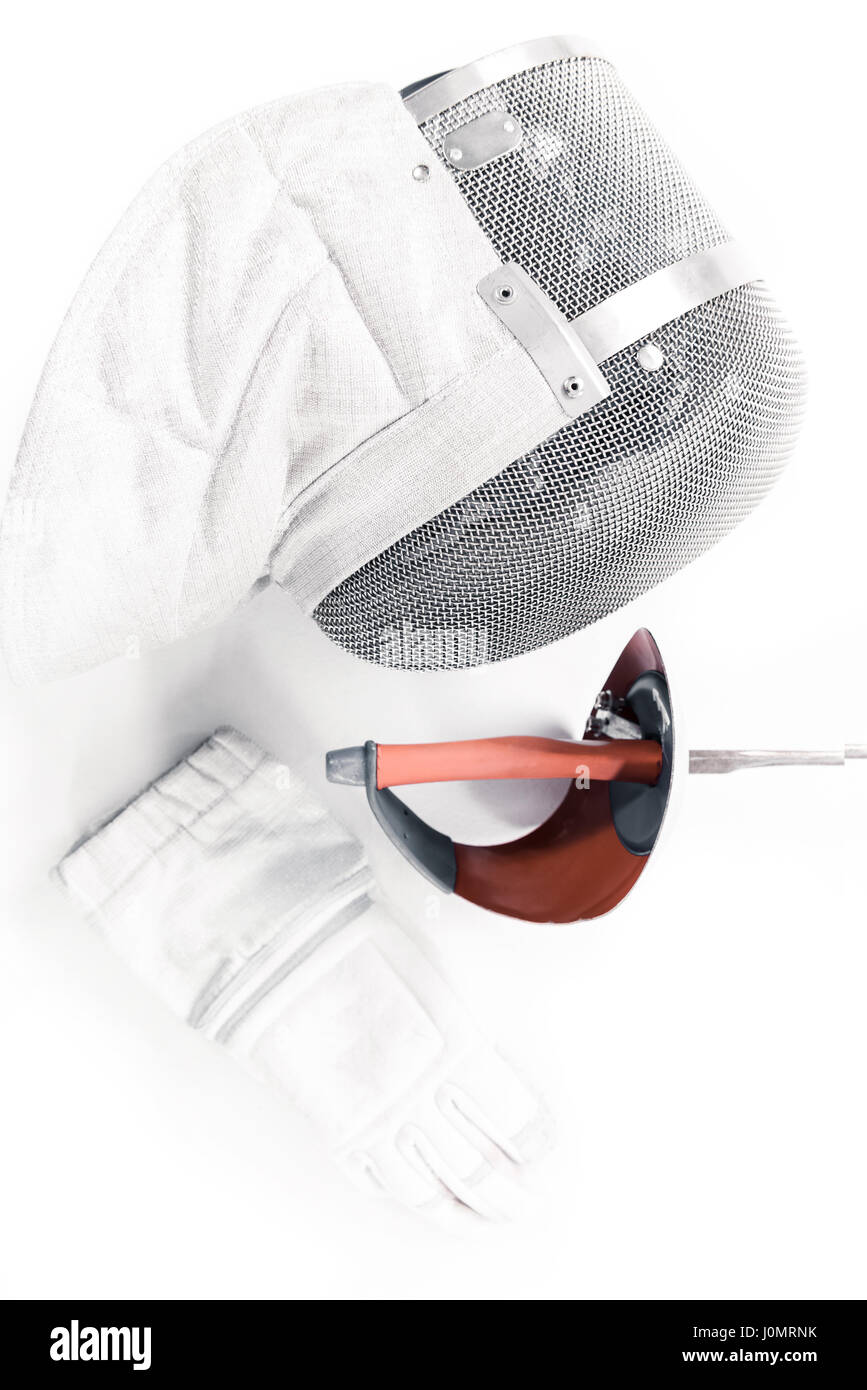 Professional fencing equipment, mask, glove and rapier isolated on