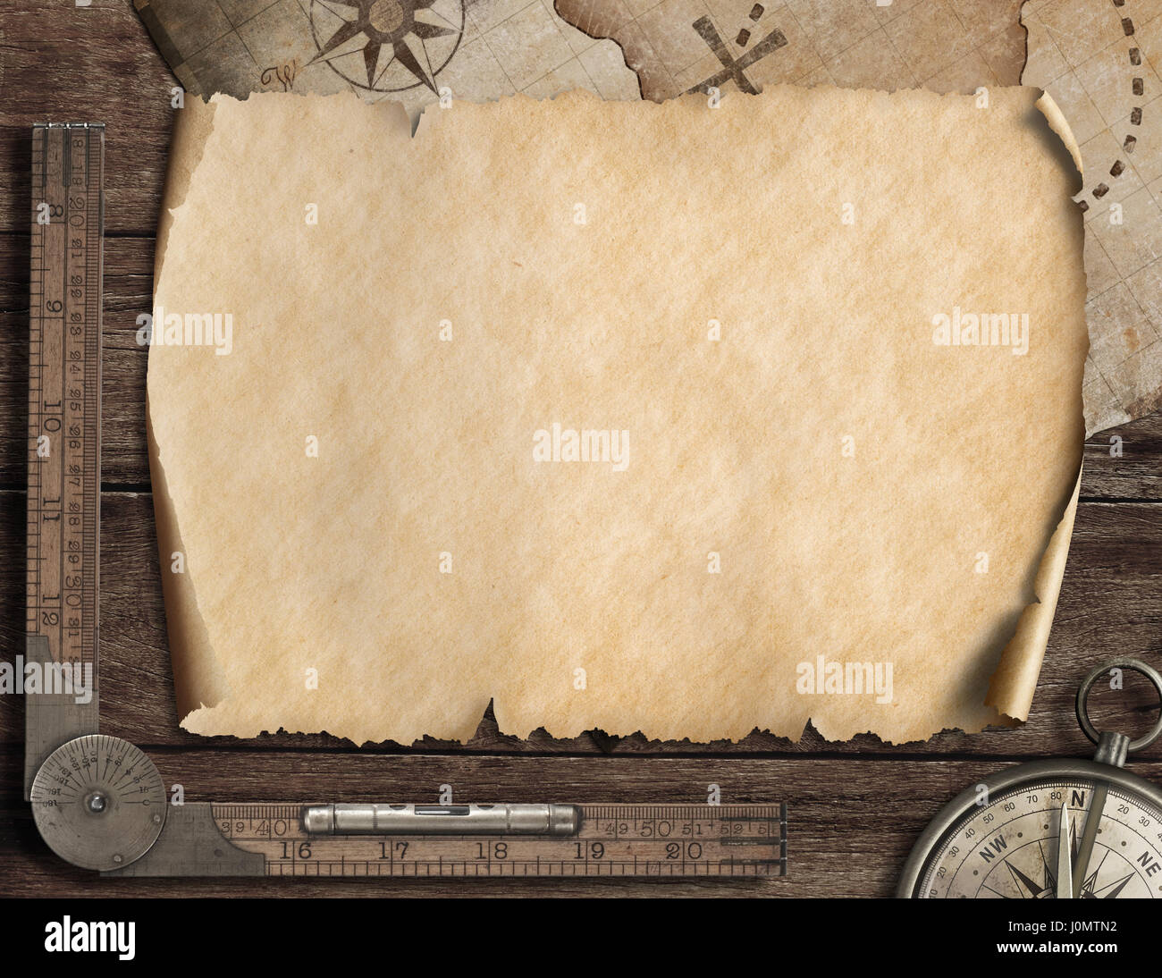 Old blank map background and compass. Adventure concept. 3d illustration. Stock Photo