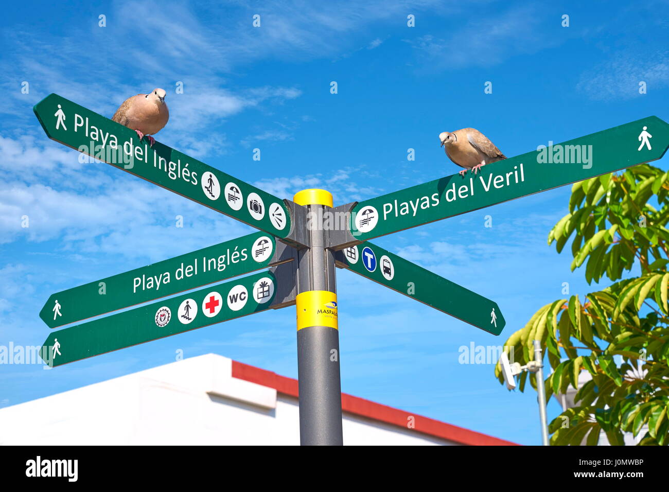 Signpost, Playa de Ingles Promenade, Gran Canaria, Spain Stock Photo