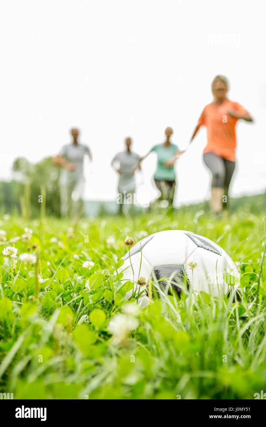 Group of people playing football in grass. Stock Photo