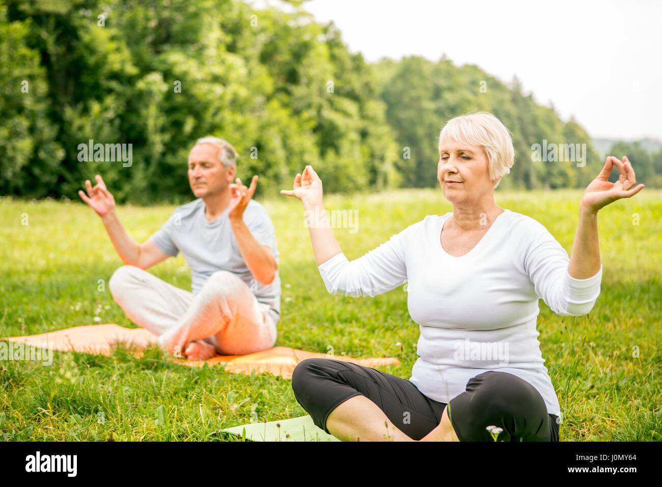 Mature man and senior woman doing yoga in field. Stock Photo