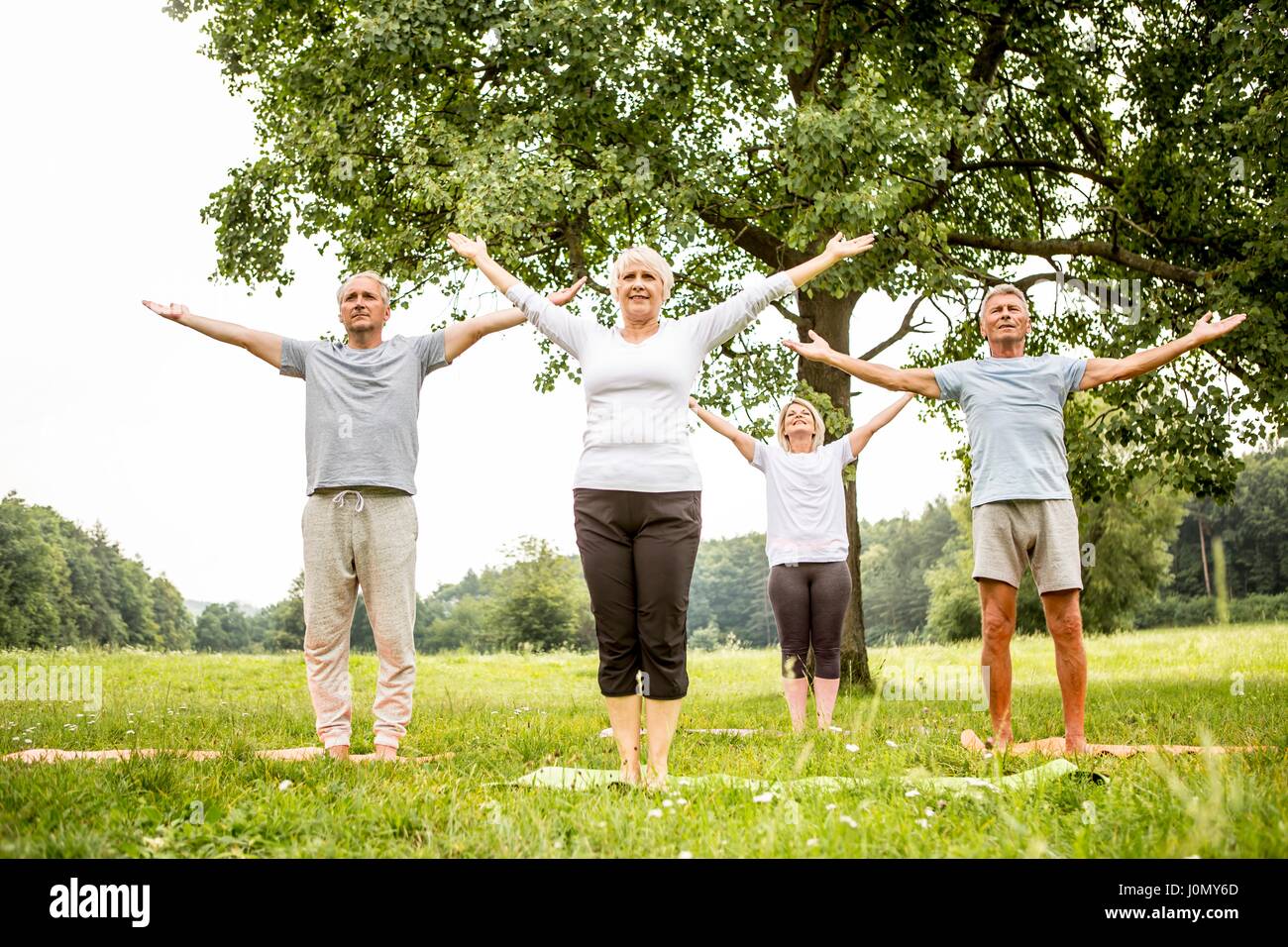 Four people doing yoga in field. Stock Photo
