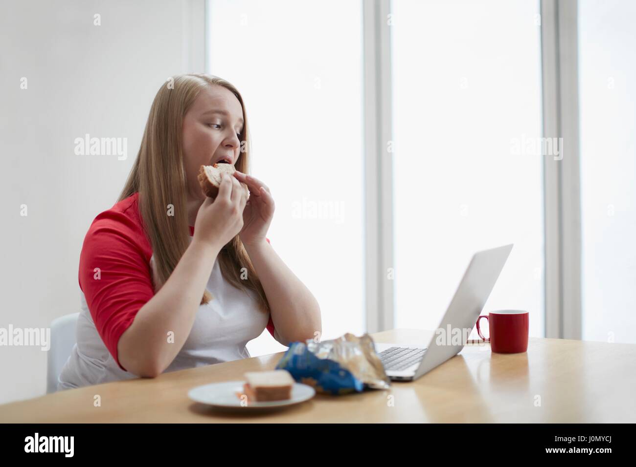 Young woman with laptop eating sandwich. Stock Photo
