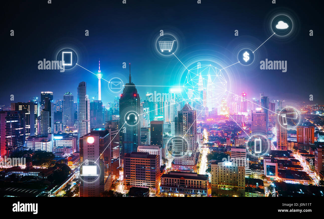 Beautiful city skyline view with network connection concept ,Kuala lumpur, Malaysia. Stock Photo