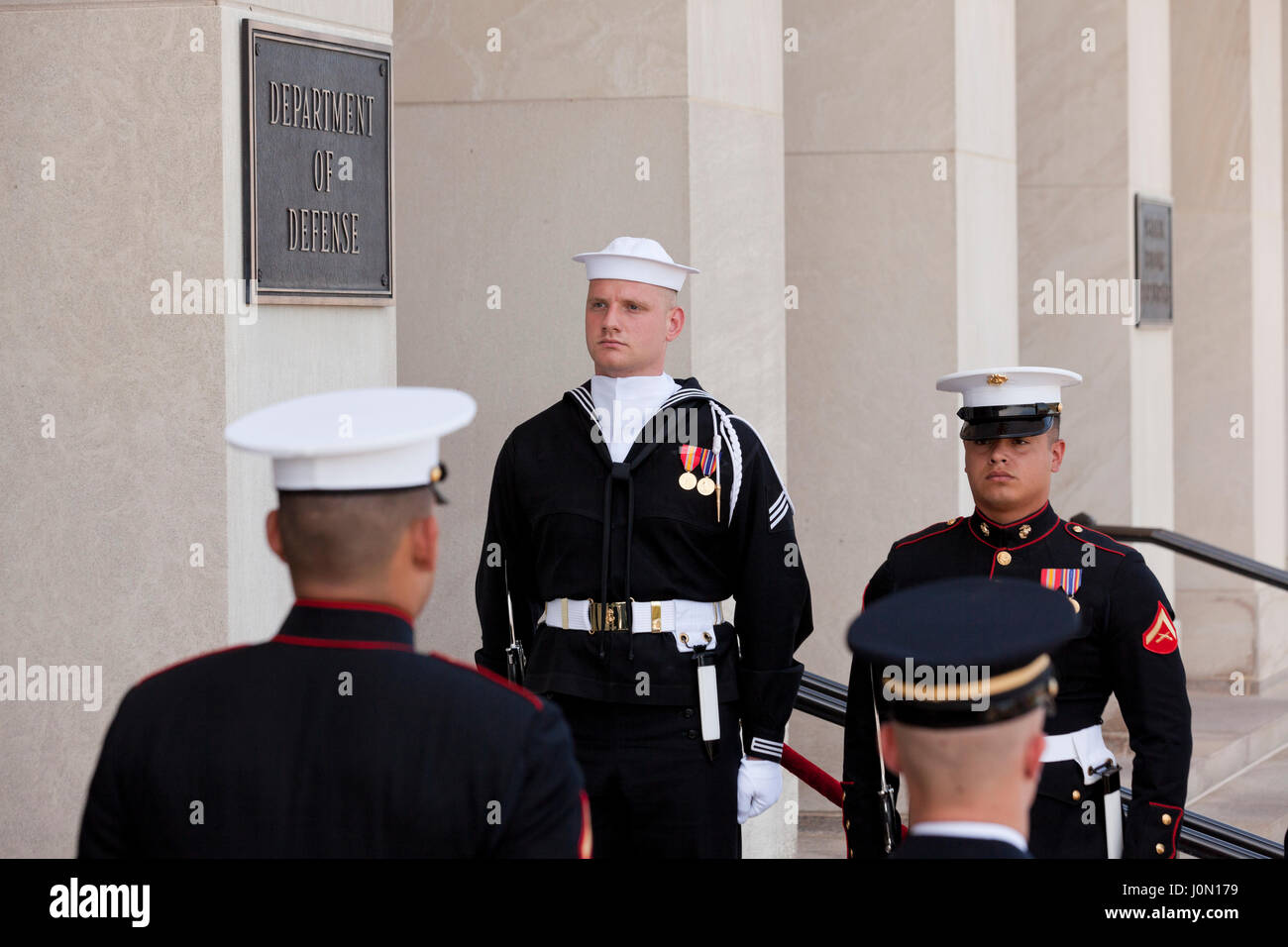 Honor cordon joint service members at Pentagon River entrance during foreign dignitary visit - Washington, DC USA Stock Photo