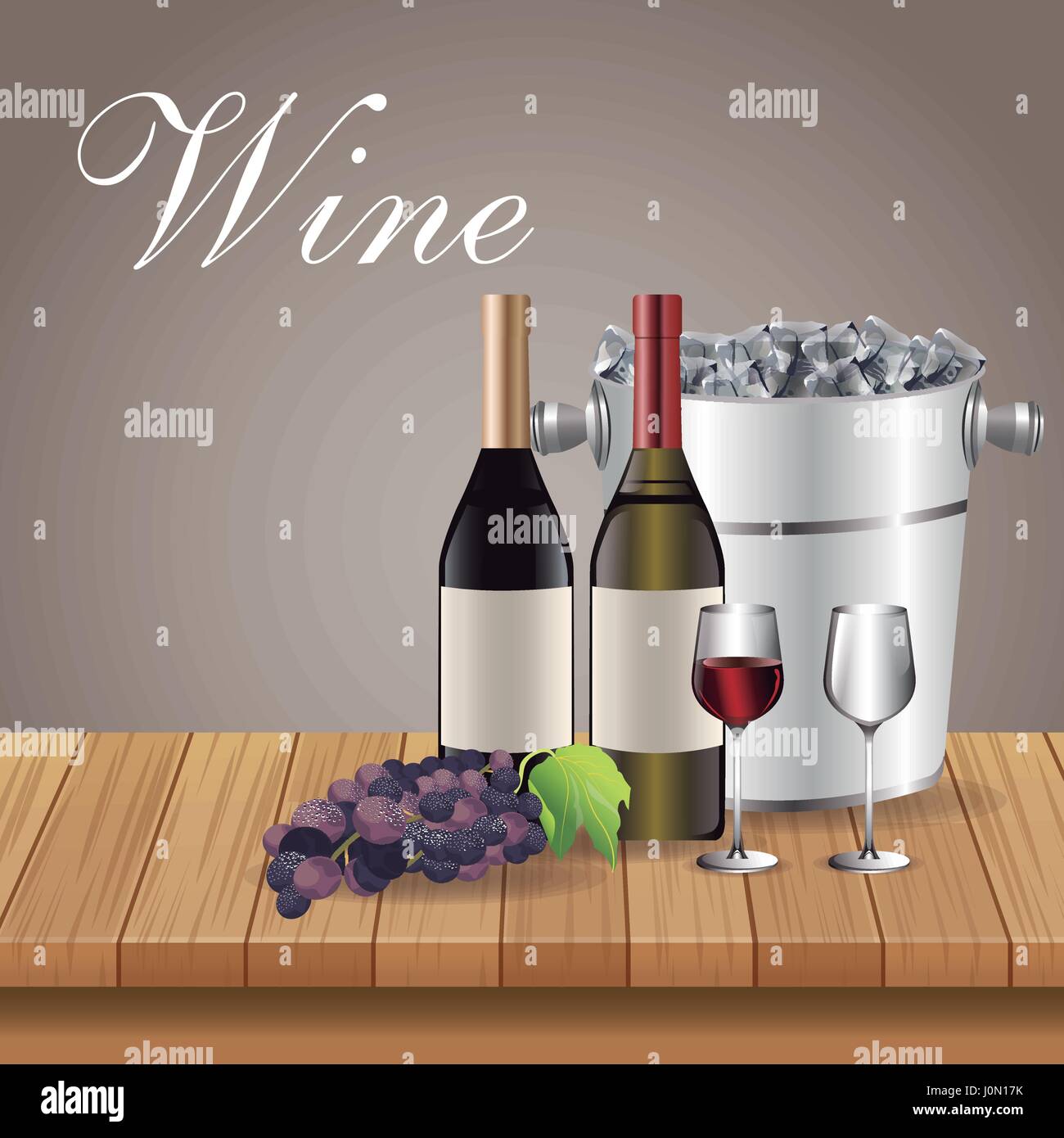 wine bottles glass cups and ice bucket over wooden Stock Vector