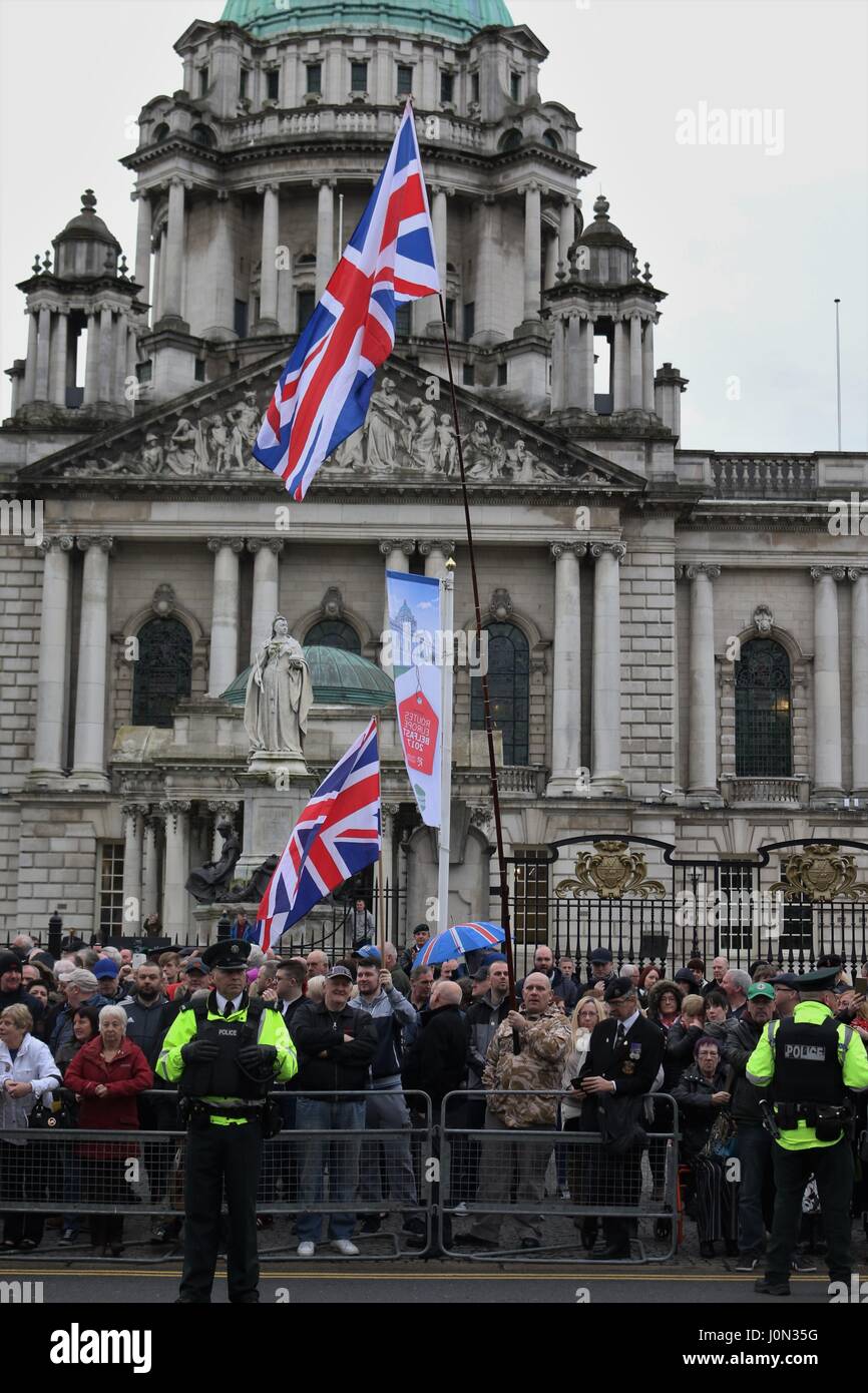 Belfast, UK. 14th Apr, 2017. A large number of supporters came out for a British military veterans rally in Belfast Credit: Conall Kearney/Alamy Live News Stock Photo