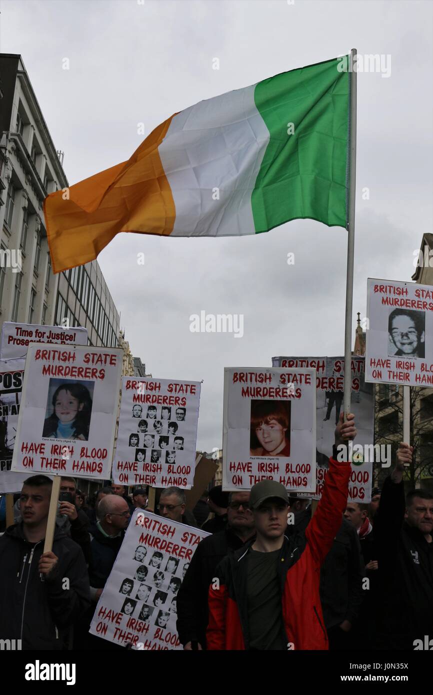 Belfast, UK. 14th Apr, 2017. A number of tricolours and banners where present during a republican counter protest to a British military veterans rally in Belfast Credit: Conall Kearney/Alamy Live News Stock Photo