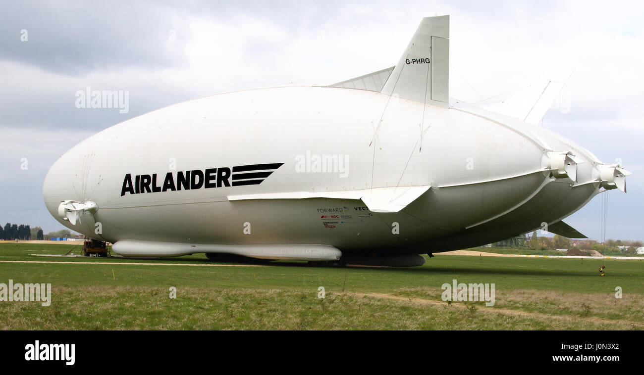 Cardington, UK. 14th Apr, 2017. The £25 million Airlander 10 is seen ...