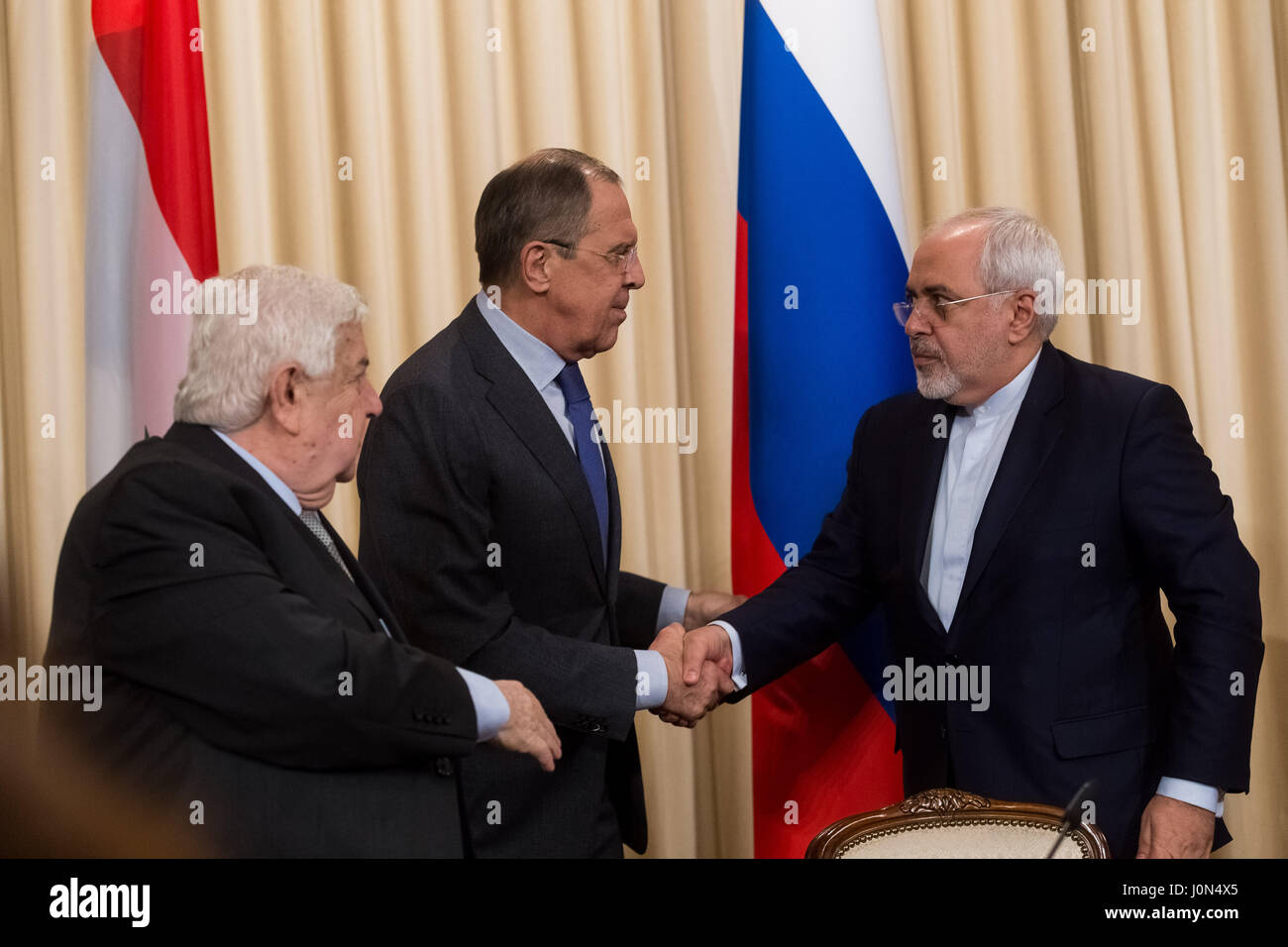 Moscow, Russia. 14th Apr, 2017. Syrian Foreign Minister Walid al-Muallem (L), Russian Foreign Minister Sergey Lavrov (C) and Iranian Foreign Minister Mohammad Javad Zarif attend a joint press conference in Moscow, Russia, on April 14, 2017. Credit: Evgeny Sinitsyn/Xinhua/Alamy Live News Stock Photo