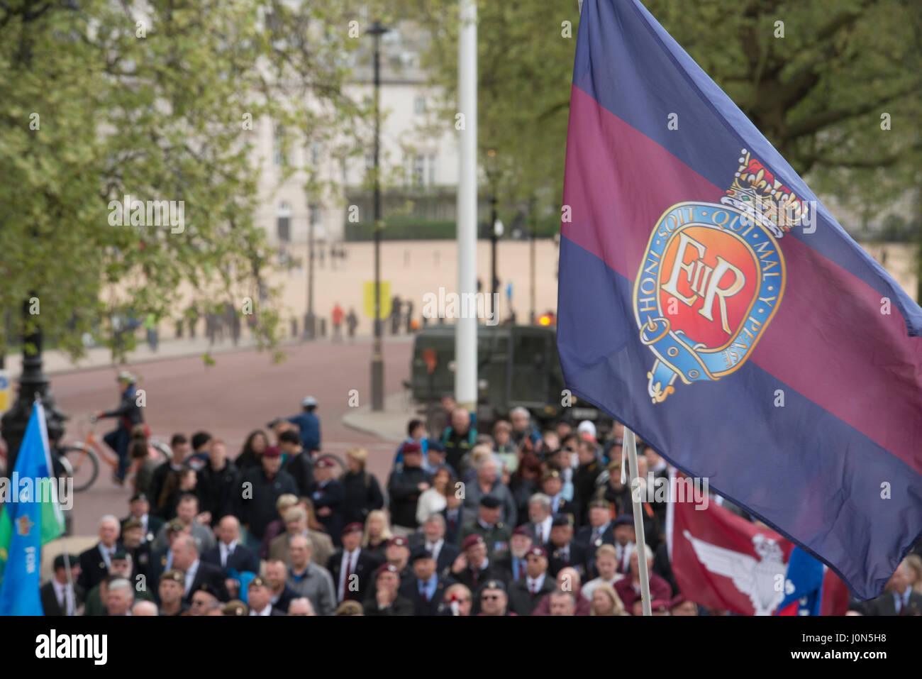 London, UK. 14th April, 2017. Thousands of Veterans, from across the UK have attended a large demonstration in Whitehall, Central London.   The protest was organised by ’Justice for Northern Ireland Veterans’, a group outraged by the recent prosecution of former British Soldiers, who previously served in Northern Ireland during Operation Banner (1969-2007).   The arrests have been described as a politically motivated witchunt by MPs and former soldiers, including Northern Ireland Secretary James Brokenshire, and UK Prime Minister Theresa May. Credit: Byron Kirk/Alamy Live News Stock Photo