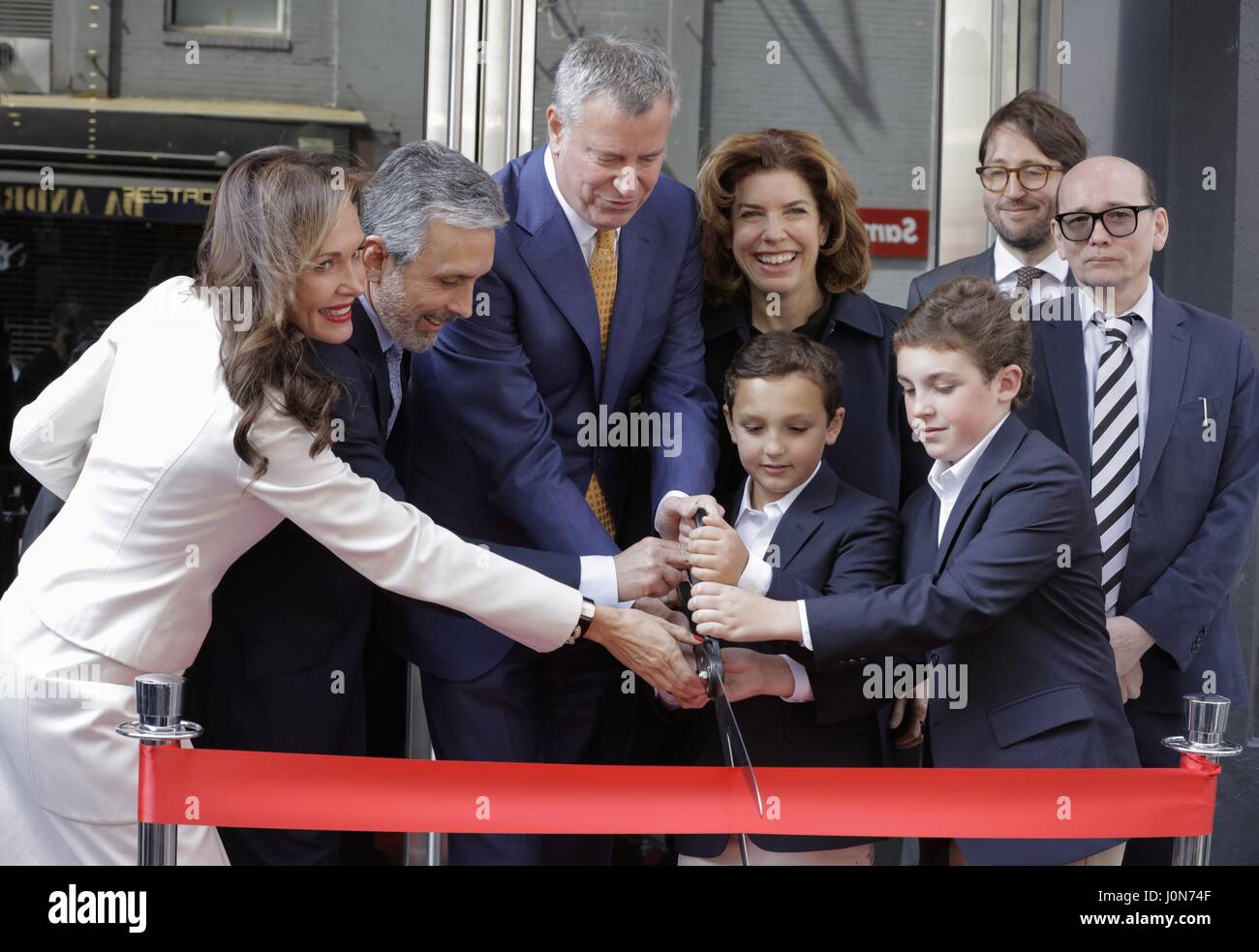 Greenwich Village, New York, USA, 13 April 2017 - Mayor Bill de Blasio and MOME Commissioner Julie Menin attend a ribbon-cutting ceremony for the relaunch of the Quad Cinema in Greenwich Village. Theater owner Charles S. Cohen and Family accepted a City Proclamation from the Mayor during the event today in New York Photo: Luiz Rampelotto/EuropaNewswire | usage worldwide Credit: dpa picture alliance/Alamy Live News Stock Photo