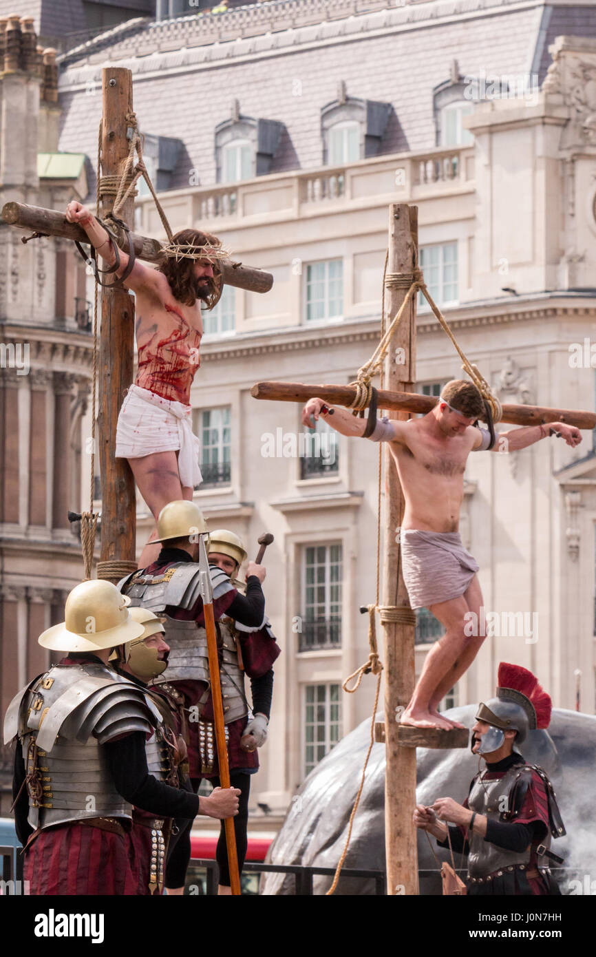 London, UK. 14th Apr, 2017. Volunteers reenacting Christ's passion in Trafalgar Square Credit: Zefrog/Alamy Live News Stock Photo