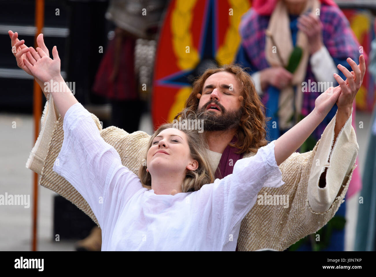 Miracle. Easter Good Friday the cast of Wintershall portrayed the ‘Passion’ and the resurrection of Jesus Christ using Trafalgar Square as a stage. cleansing a leper Stock Photo