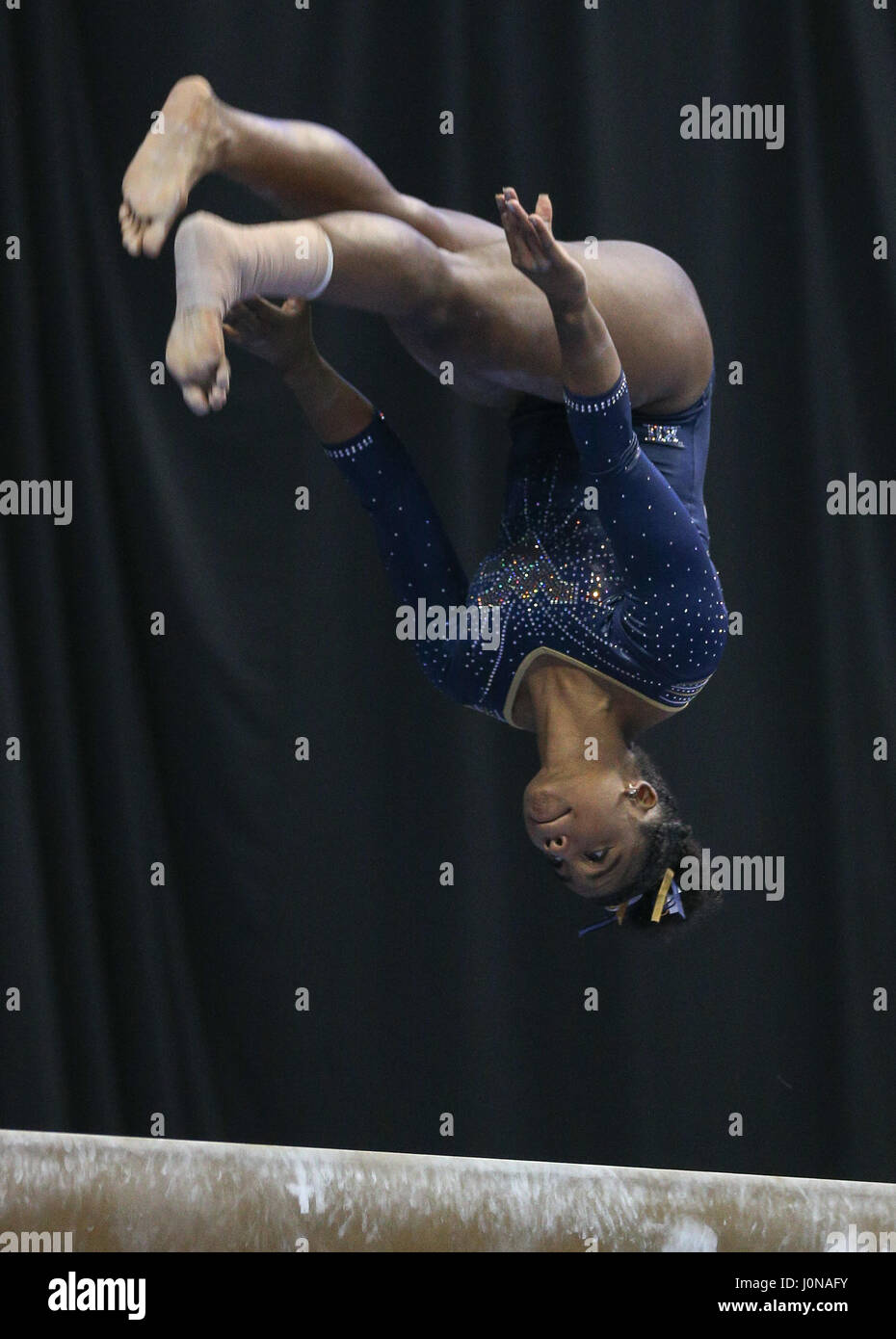 St. 14th Apr, 2017. WVU's Zaakira Muhammad performs on the balance beam ...