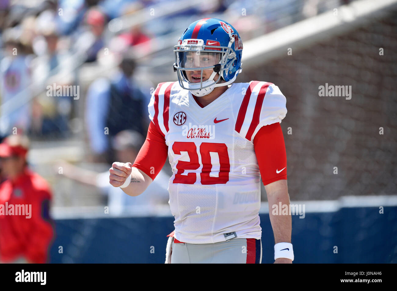 Oxford, MS, USA. 8th Apr, 2017. Red quarterback Shea Patterson during the second quarter of an NCAA college football spring game at Vaught-Hemmingway Stadium in Oxford, MS. The Red team won 31-29. Austin McAfee/CSM/Alamy Live News Stock Photo