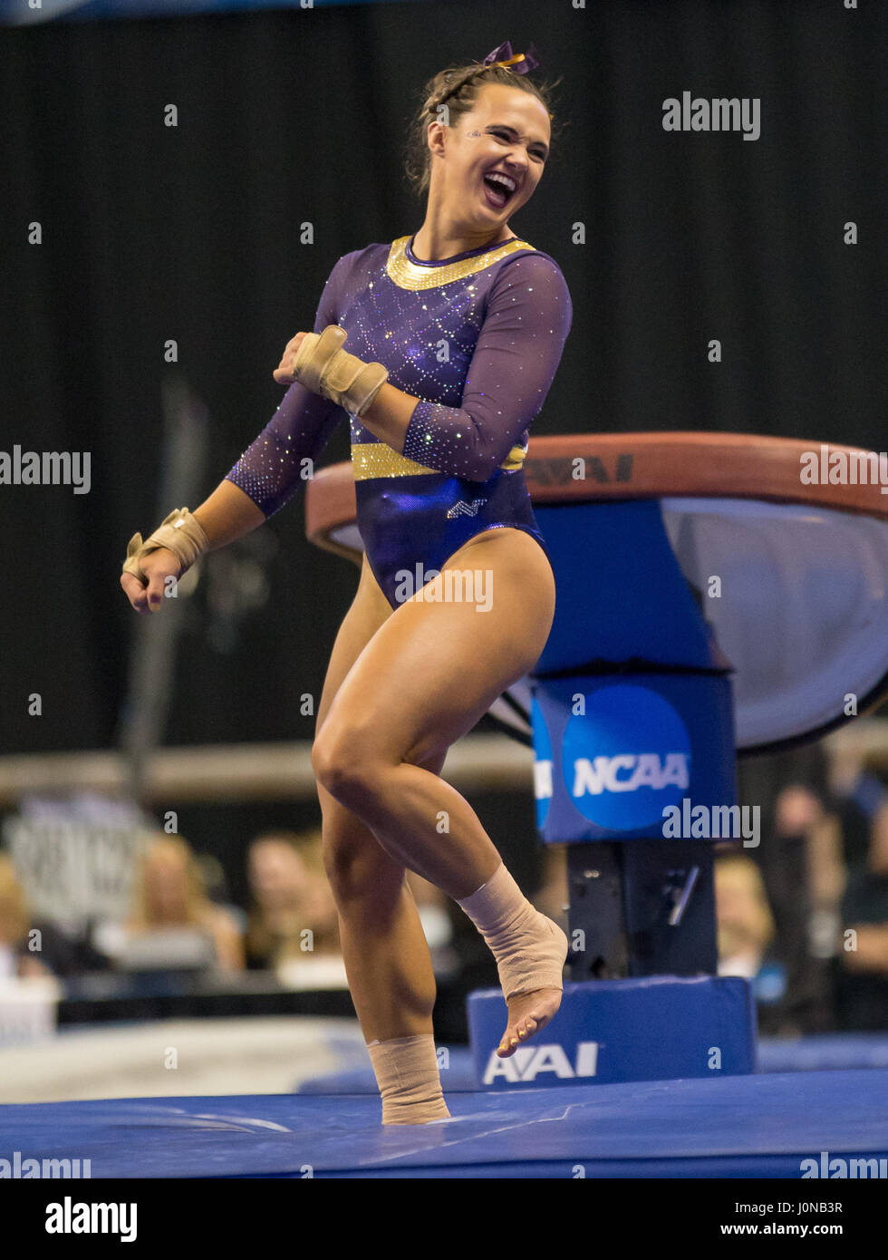 St. 14th Apr, 2017. LSU's Ashleigh Gnat celebrates her vault landing at