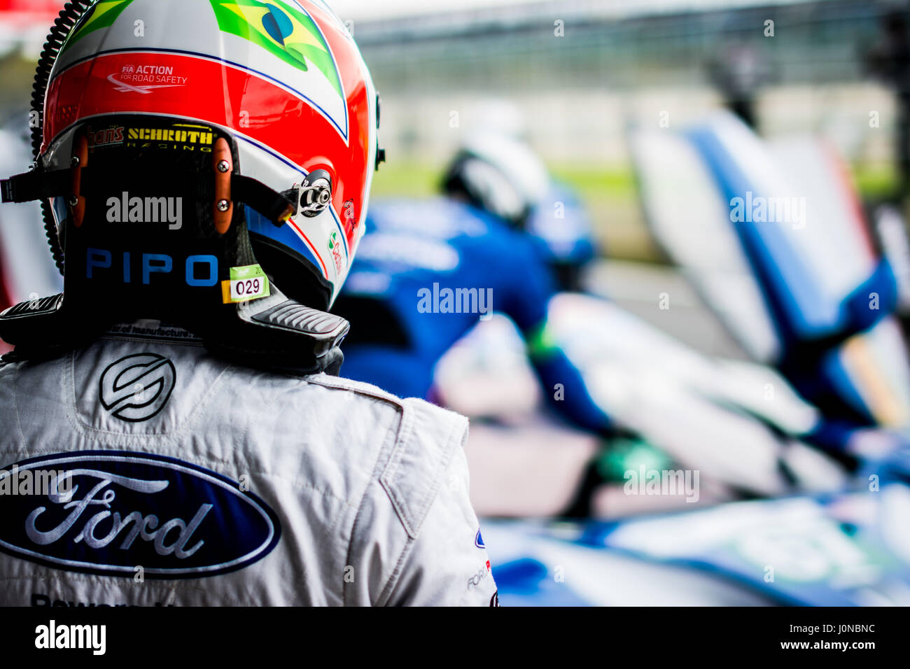 Towcester, Northamptonshire, UK. 15th April, 2017. FIA WEC racing driver Luis Felipe Derani (BRA) and Ford Chip Ganassi Team UK during practice session for the 6 Hours of Silverstone of the FIA World Endurance Championship at Silverstone Circuit (Photo by Gergo Toth / Alamy Live News) Stock Photo