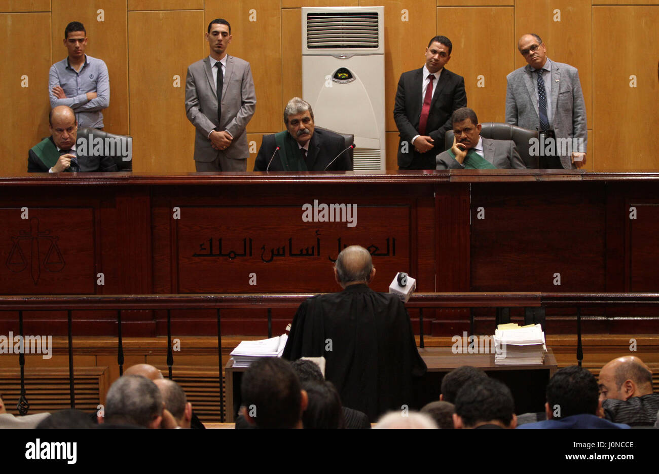 Cairo, Egypt. 15th Apr, 2017. Egyptian Judges attend the trial of Alaa and Gamal Mubarak, the sons of former former president Hosni Mubarak during their trial in ''Stock Market Manipulation'' case, in Cairo. Credit: ZUMA Press, Inc./Alamy Live News Stock Photo