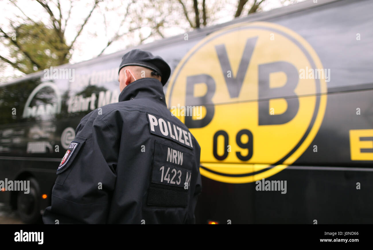 Dortmund, Germany. 15th Apr, 2017. Police forces accompany the team bus of Dortmund during its arrival before the German Bundesliga soccer match between Borussia Dortmund and Eintracht Frankfurt at the Signal Iduna Park in Dortmund, Germany, 15 April 2017. (EMBARGO CONDITIONS - ATTENTION: Due to the accreditation guidelines, the DFL only permits the publication and utilisation of up to 15 pictures per match on the internet and in online media during the match.) Photo: Ina Fassbender/dpa/Alamy Live News Stock Photo