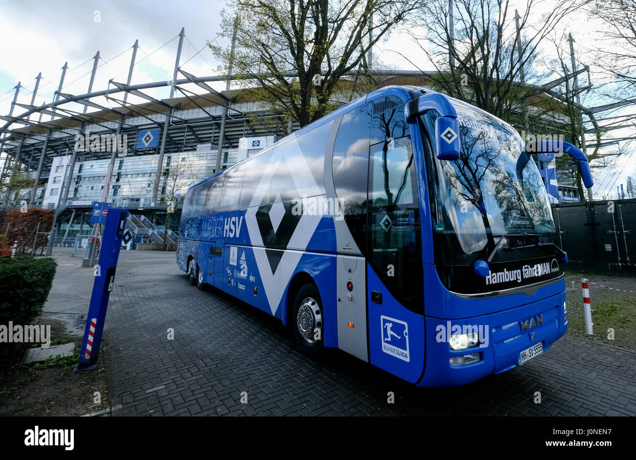 Hamburg, Germany. 15th Apr, 2017. The team bus of HSV leaves the premises of the Volksparkstadium in Hamburg, Germany, 15 April 2017. The team will head for the city of Bremen a day before their derby match against Werder Bremen. Photo: Axel Heimken/dpa/Alamy Live News Stock Photo
