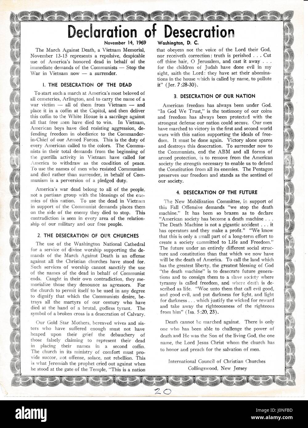A Vietnam War era leaflet from the International Council of Christian Churches titled 'Declaration of Desecration' advocating that the March Against Death and other Vietnam War protests are both anti-Christian and anti-American featuring religious justification for their viewpoint, Collingswood, NJ, 1967. Stock Photo
