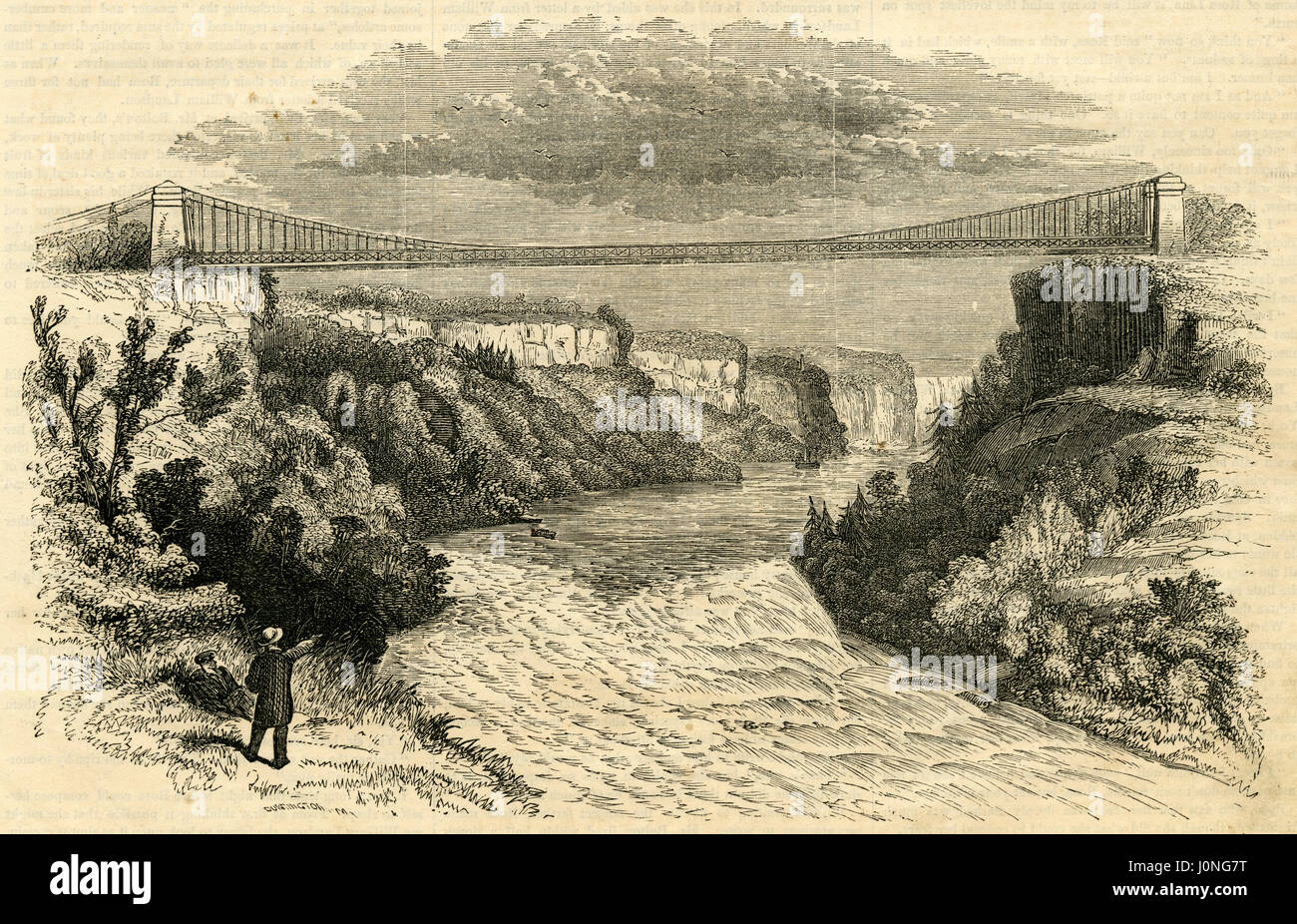 Antique 1854 engraving, 'View of the Suspension Bridge, Niagara.' The Niagara Falls Suspension Bridge, which stood from 1855 to 1897 across the Niagara River, was the world's first working railway suspension bridge. It spanned 825 feet (251 m) and stood 2.5 miles (4.0 km) downstream of Niagara Falls, where it connected Niagara Falls, Ontario, to Niagara Falls, New York. SOURCE: ORIGINAL ENGRAVING. Stock Photo