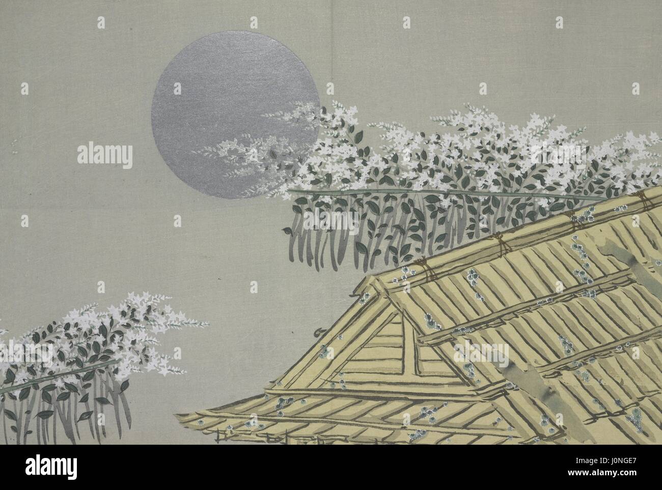 Japanese woodcut of a traditional bamboo house, flowers, and the moon from the book Momoyogusa; Flowers of a Hundred Generations by Sekka Kamisaka, 1909. From the New York Public Library. Stock Photo