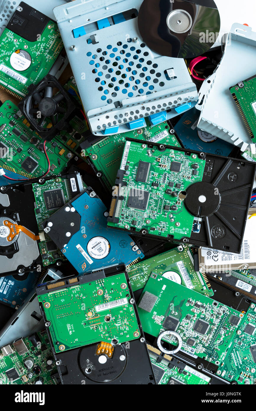 Circuit boards of computer hard drives, cables, connections and ...