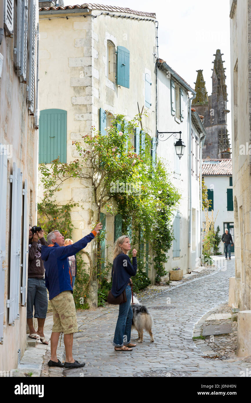 Typical street scene quaint houses traditional architecture, tourists