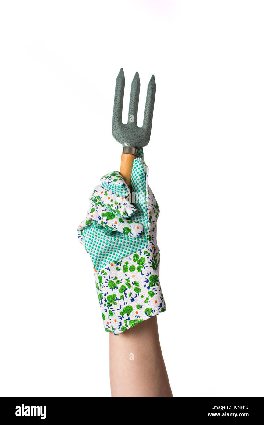Hand in gardening glove holding garden fork Stock Photo