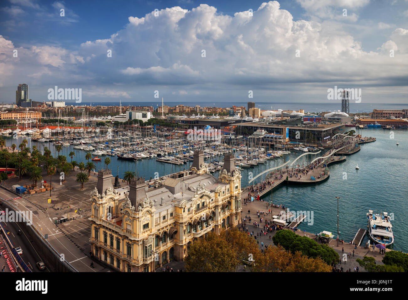 Barcelona city, aerial view over Port Vell marina, Rambla de Mar ...