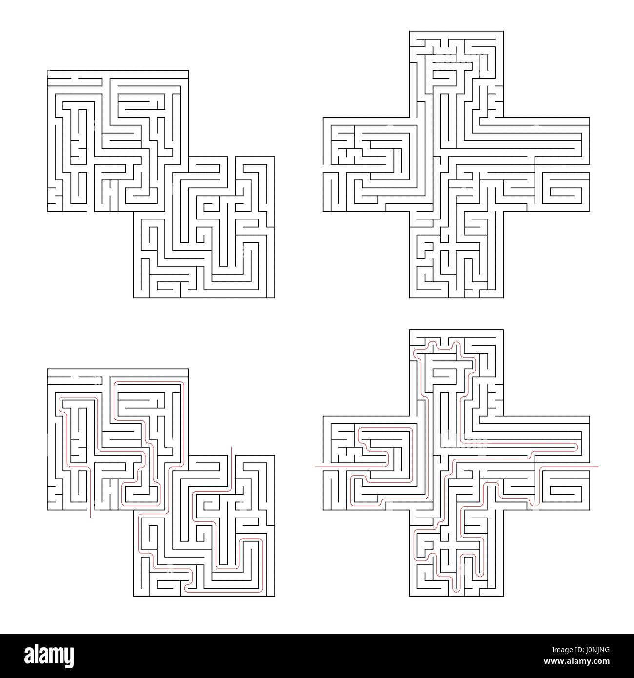 Two different complicated labyrinths with red path of solution isolated