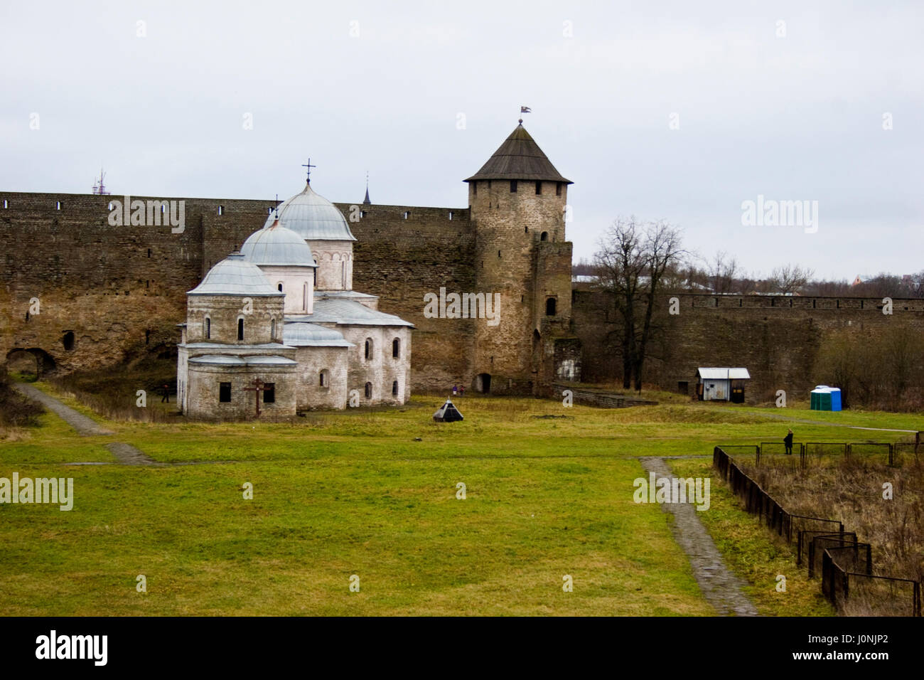 Old white church in the fortress Ivan-City Pskov region Stock Photo
