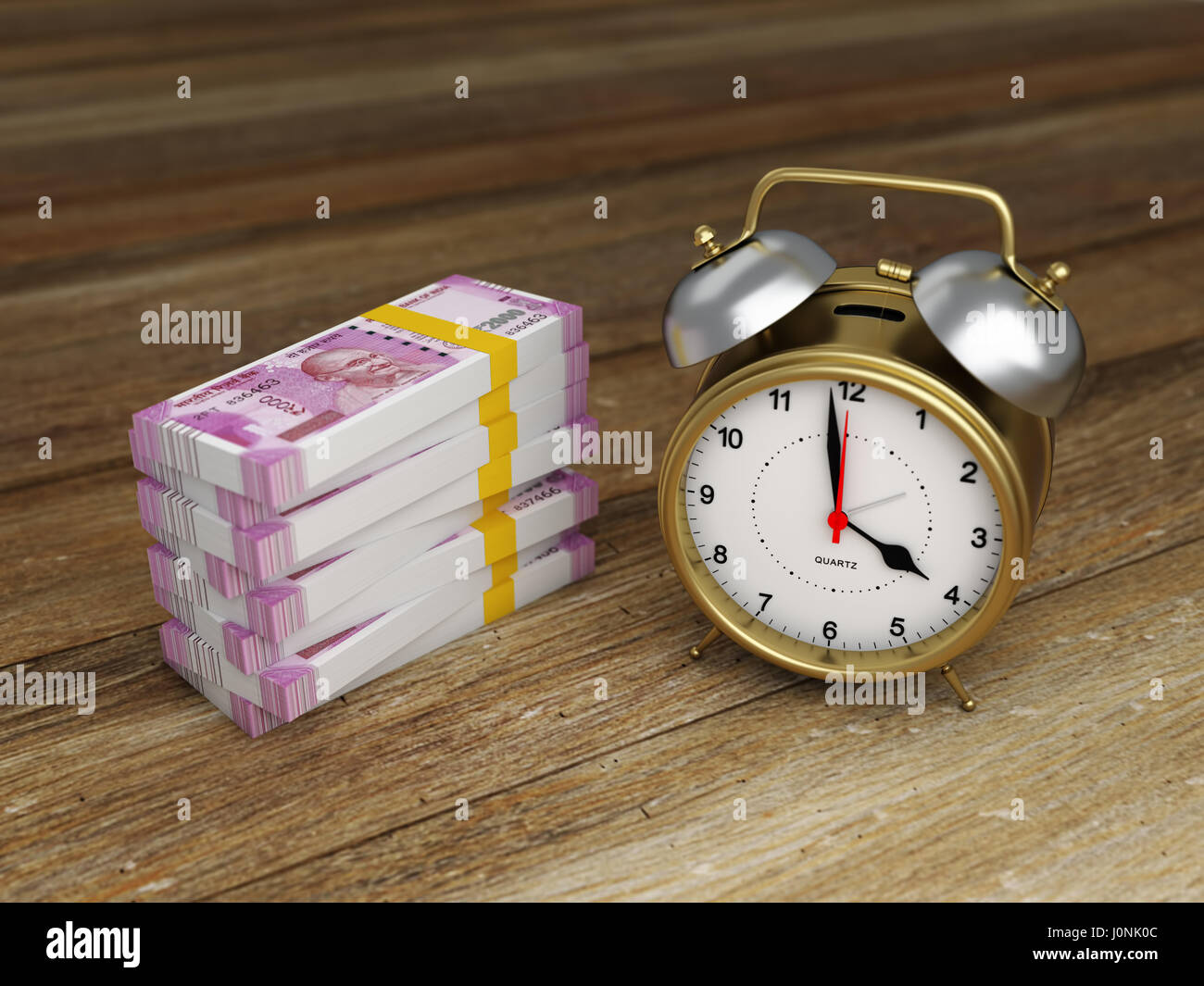 Alarm clock with Indian Rupee - 3D Rendering Image Stock Photo