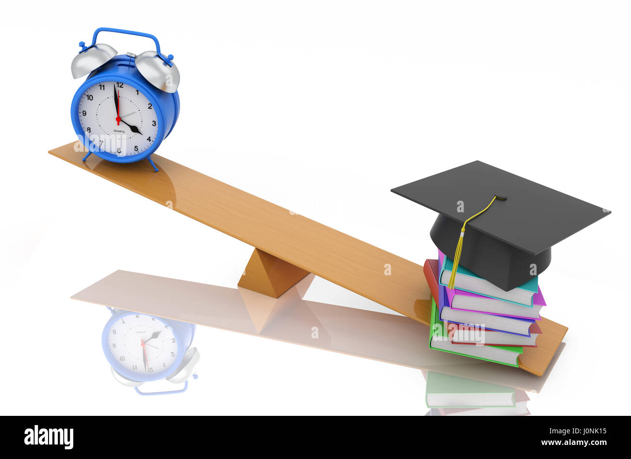 Alarm clock with Books and Cap - 3D Rendering Image Stock Photo