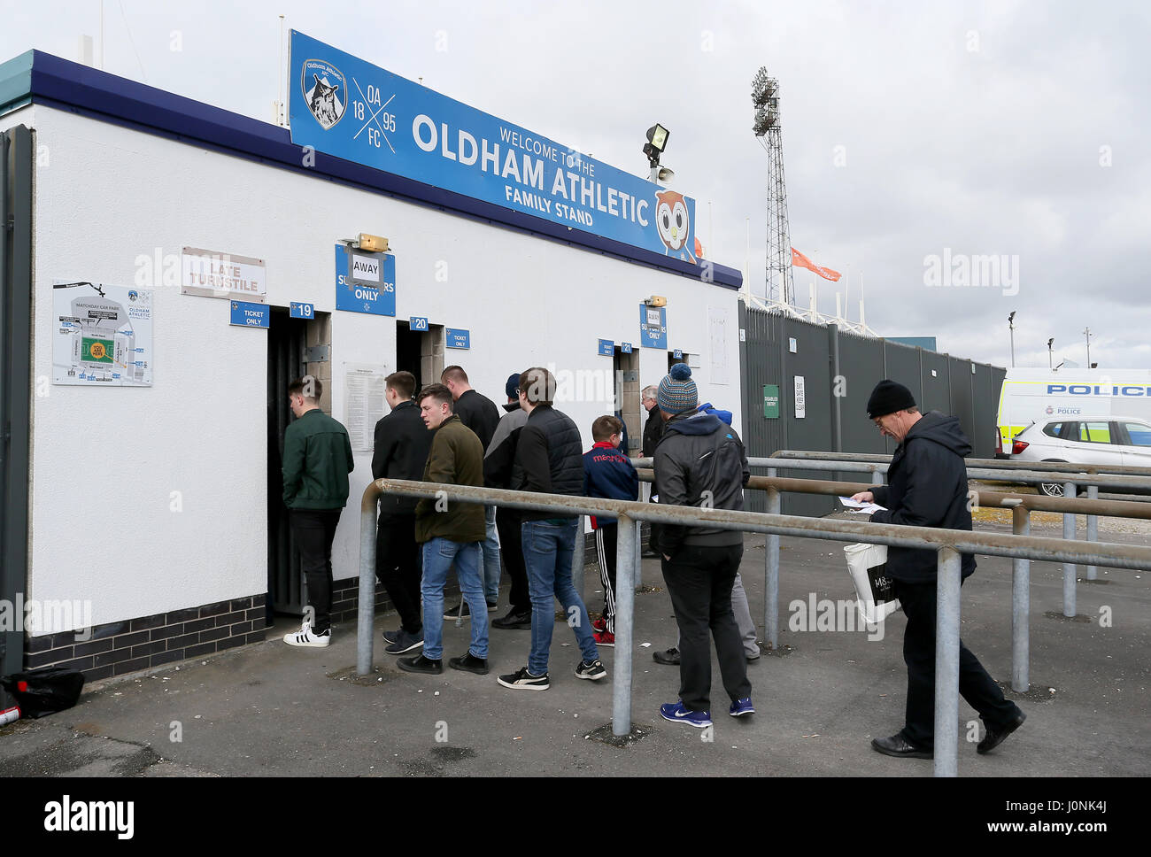 A general view of fans entering the stadium before the Sky Bet Championship match at SportsDirect.com Park, Oldham. PRESS ASSOCIATION Photo. Picture date: Saturday April 15, 2017. See PA story SOCCER Oldham. Photo credit should read: Richard Sellers/PA Wire. RESTRICTIONS: No use with unauthorised audio, video, data, fixture lists, club/league logos or 'live' services. Online in-match use limited to 75 images, no video emulation. No use in betting, games or single club/league/player publications. Stock Photo