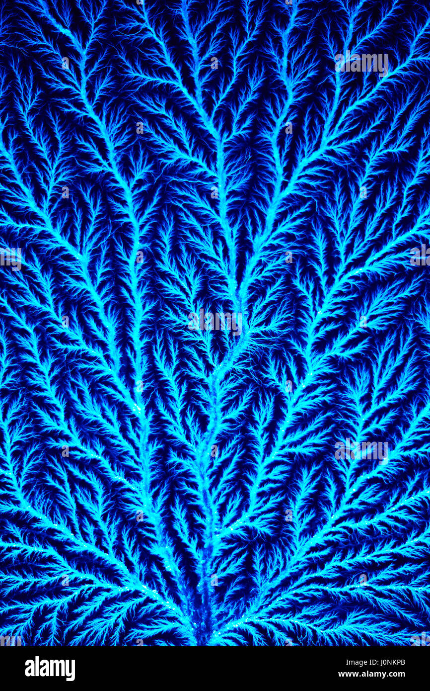 Blue luminous branching spark pattern from high tension electrical discharge Stock Photo
