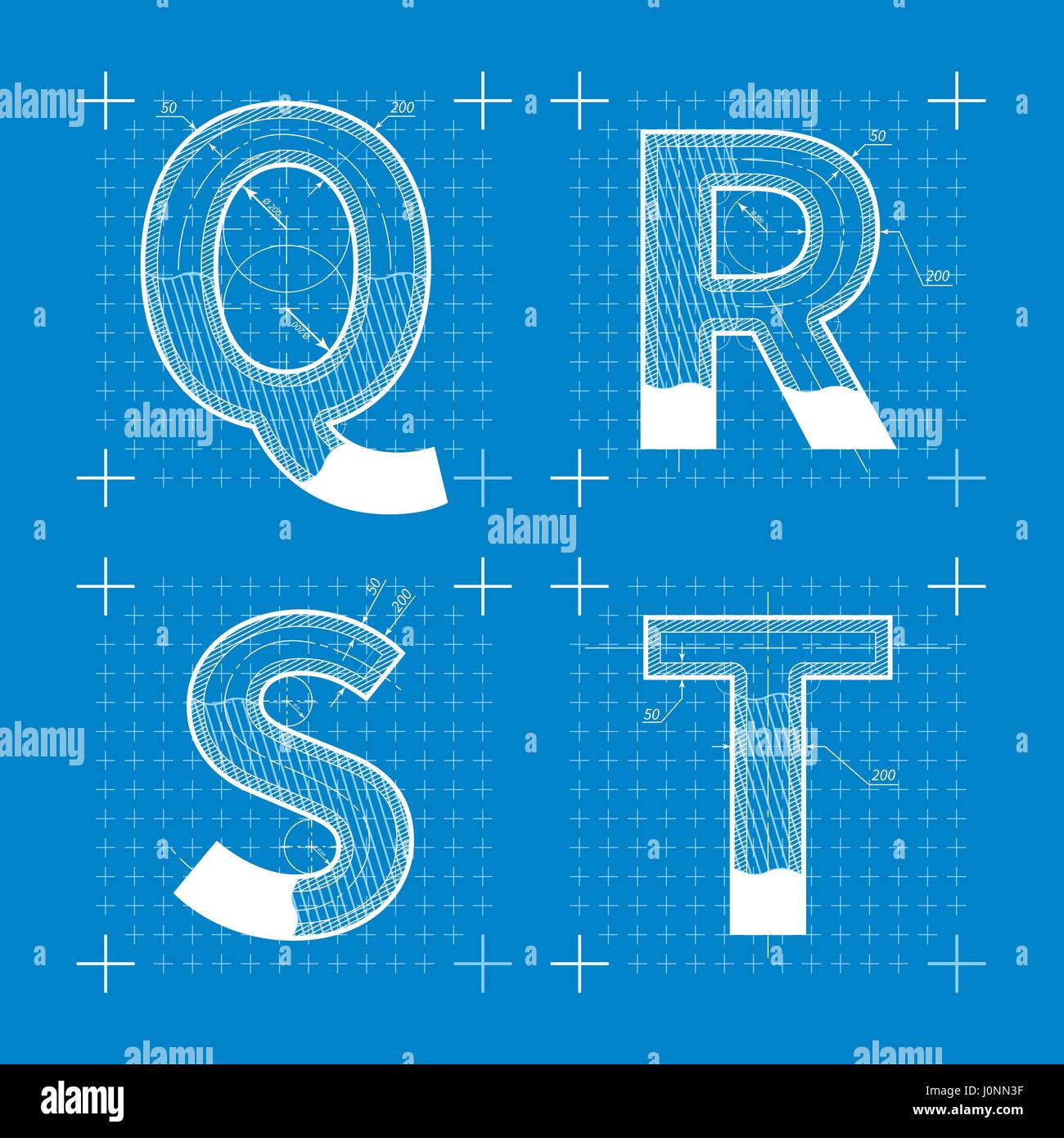 Construction sketches of Q R S T letters. Blueprint style font Stock ...