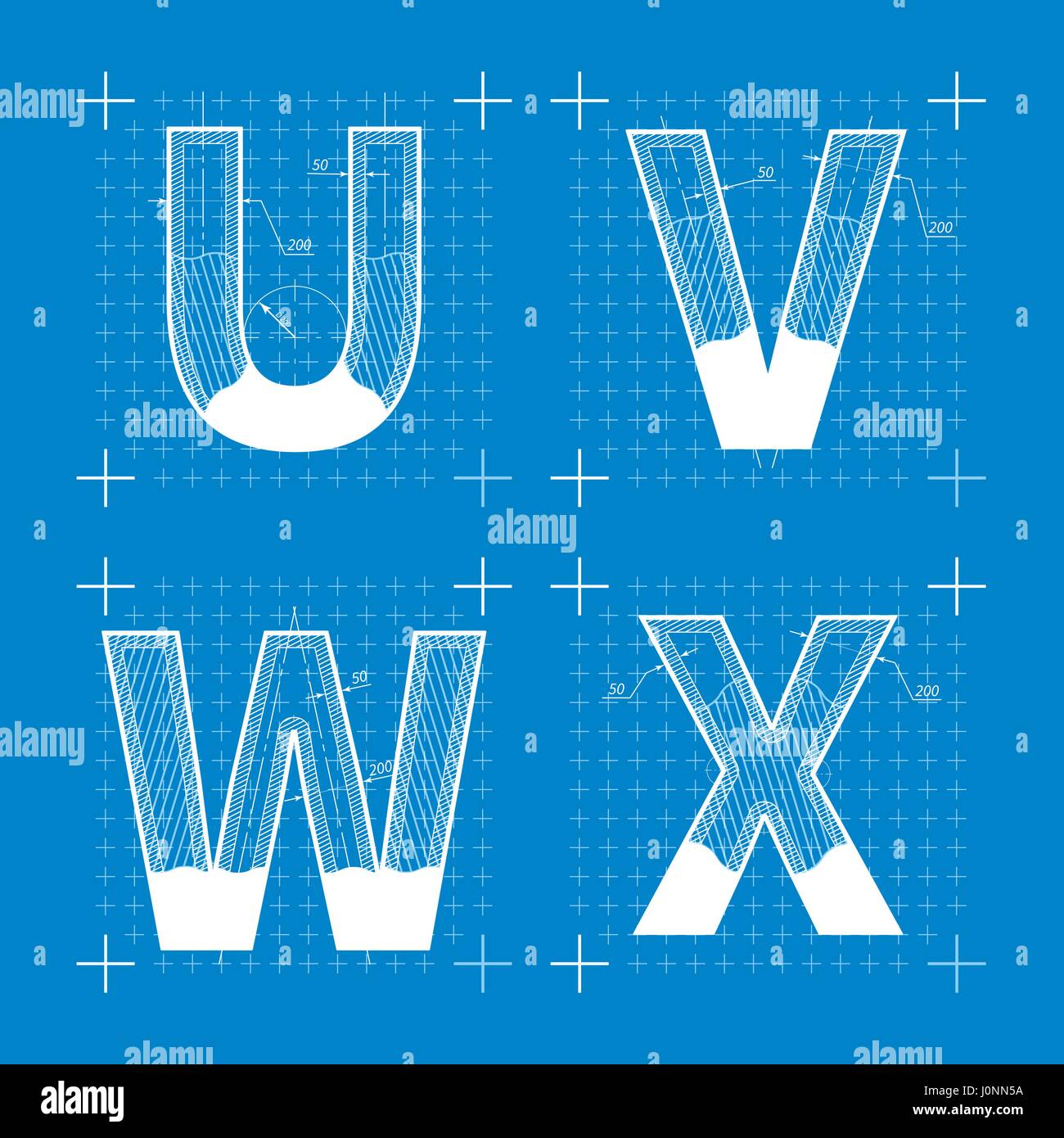 Construction sketches of U V W X letters. Blueprint style font Stock