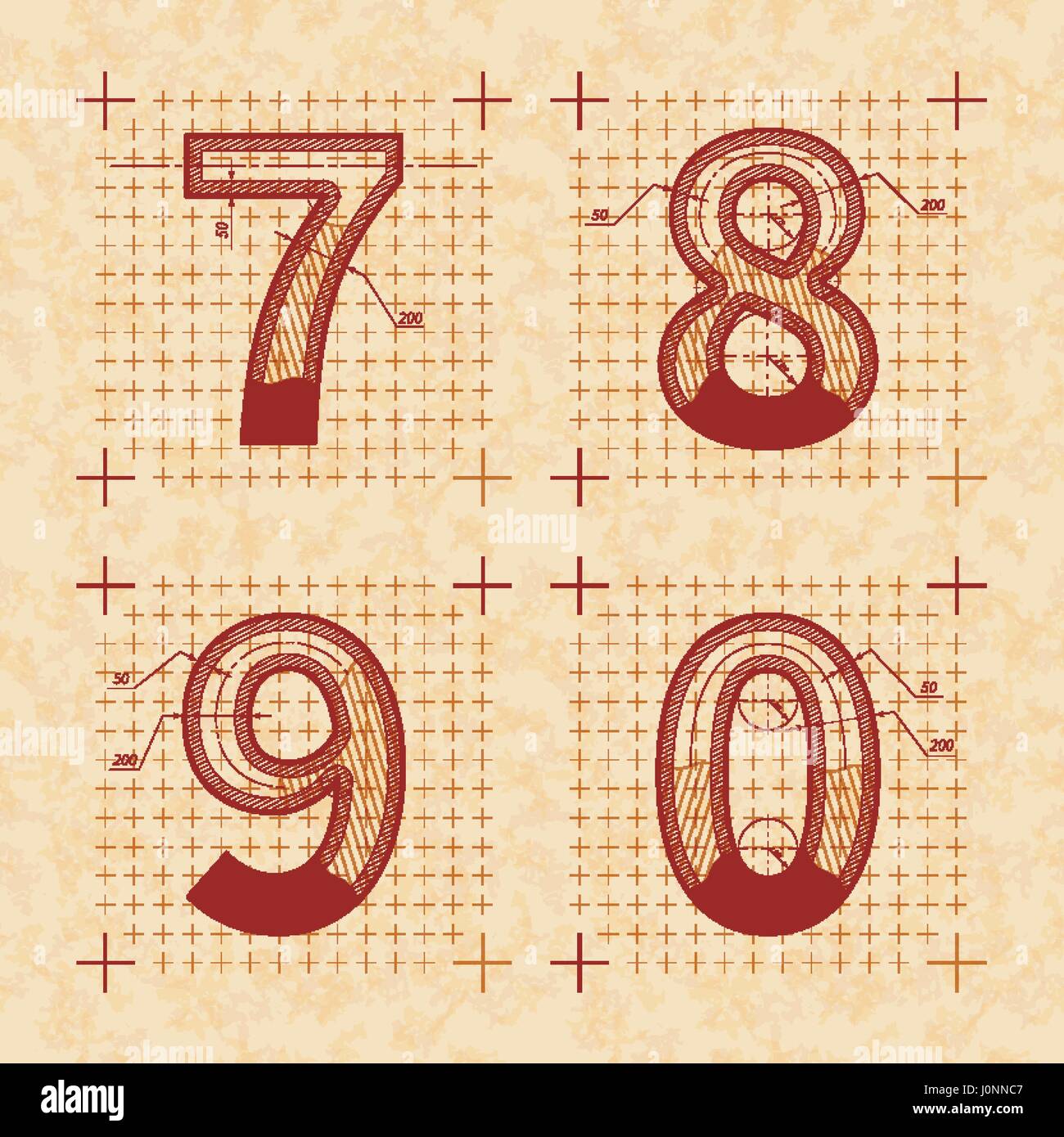 Medieval inventor sketches of 7 8 9 0 letters. Retro style font on old ...